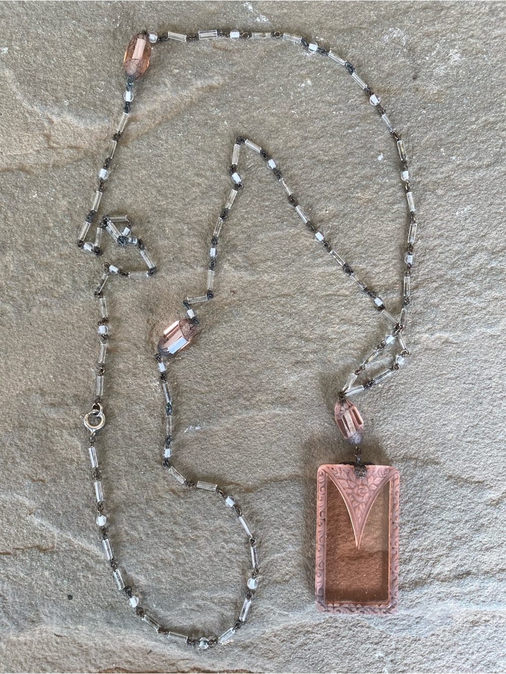 Pink Glass Pendant Necklace with Silver Beaded Chain